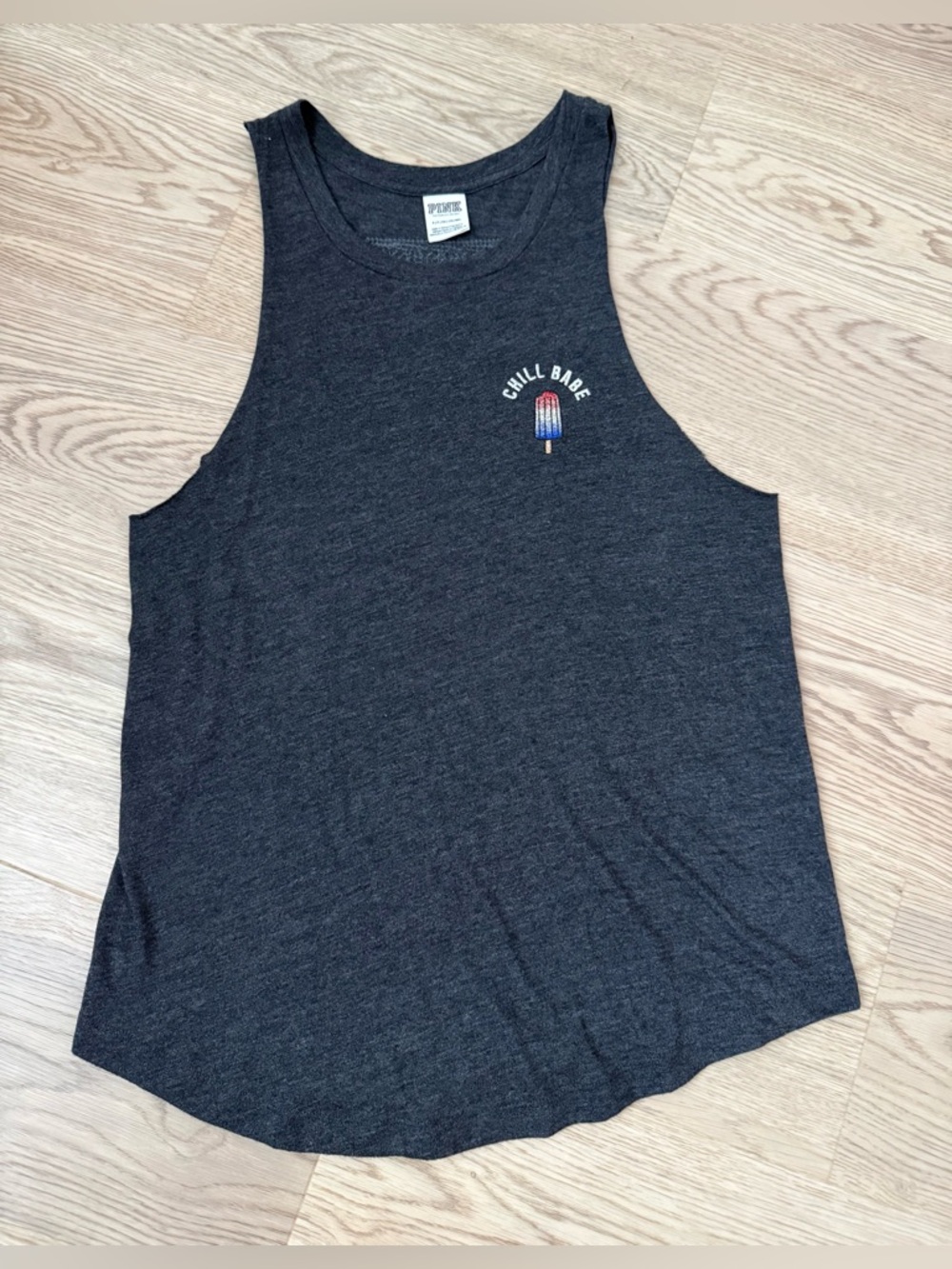 PINK Victoria's Secret Dark Gray Graphic Muscle Tank with Sequin Back